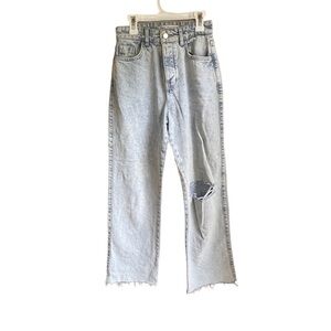 Zara stonewashed denim jeans, high rise, distressed button fly taw hem crop 2